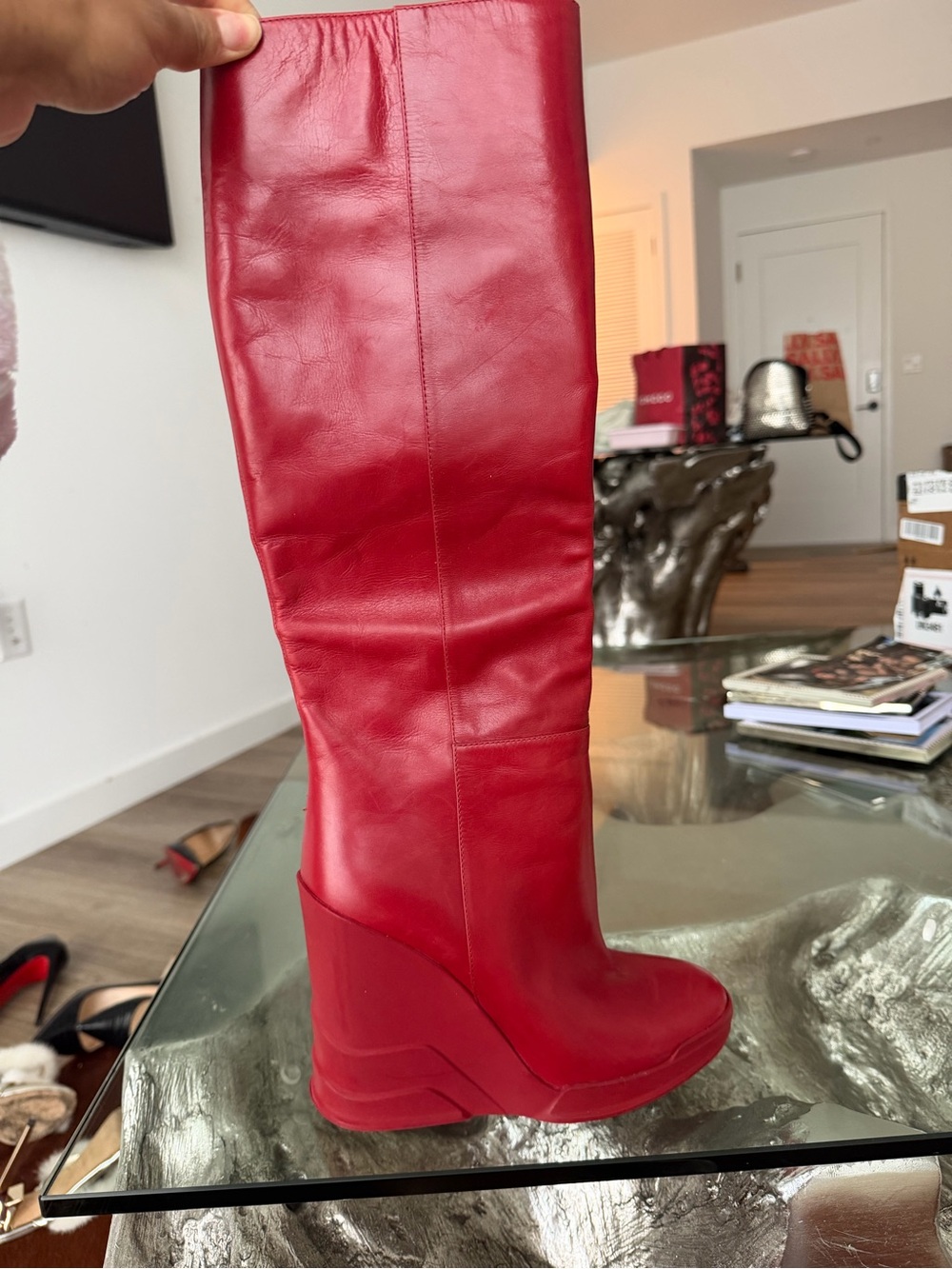 Prada Red Leather Over-the-Knee Wedge Boots